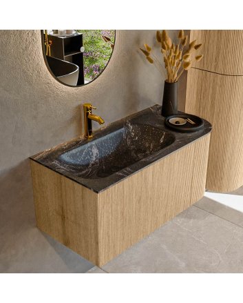 Mondiaz Kurve-Dlux 95cm badmeubel ronding Rechts kleur Oak met 1 lade en 1 deur. Wastafel Big small Links 1 kraangat Lava.