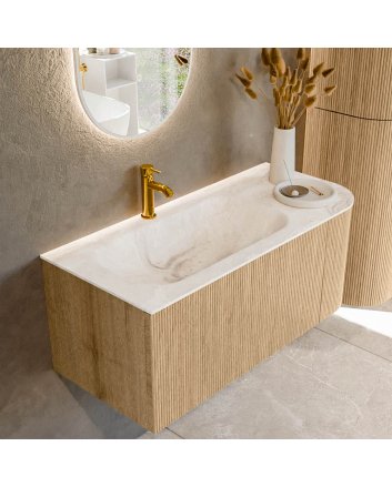 Mondiaz Kurve-Dlux 105cm badmeubel ronding Rechts kleur Oak met 1 lade en 1 deur. Wastafel Big small Links 1 kraangat Frappe.