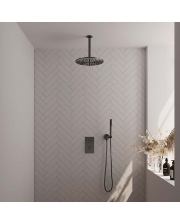 BRAUER Gunmetal Carving thermostatische inbouw regendouche 3-weg omstelling SET 30 met 30 cm douchekop en plafondarm en staaf handdouche en doucheslang en wandaansluitbocht gunmetal geborsteld PVD