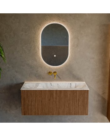 Mondiaz Kurve-Dlux 100cm badmeubel kleur Walnut met 1 lade en 0 deuren. Wastafel Big medium Midden zonder kraangat Glace.