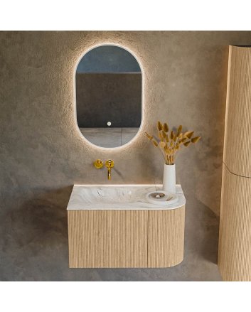 Mondiaz Kurve-Dlux 75cm badmeubel ronding Rechts kleur Oak met 1 lade en 1 deur. Wastafel Grunne Links zonder kraangat Glace.