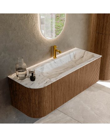 Mondiaz Kurve-Dlux 125cm badmeubel ronding Links kleur Walnut met 1 lade en 1 deur. Wastafel Big medium Rechts 1 kraangat Glace.