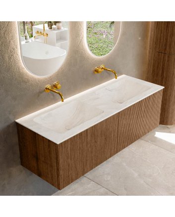 Mondiaz Kurve-Dlux 130cm badmeubel kleur Walnut met 2 lades en 0 deuren. Wastafel Leaf Dubbel zonder kraangat Ostra.