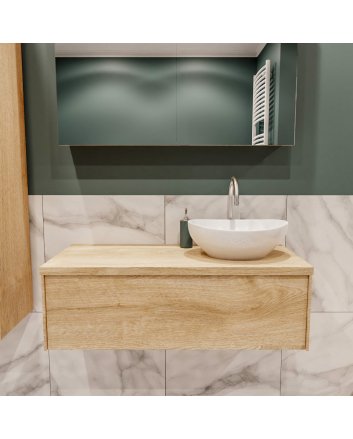 Mondiaz Lush 100 badmeubel washed oak 1 lades wastafel Barco rechts 1 kraangat