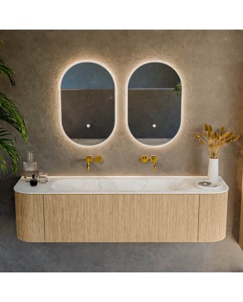 Mondiaz Kurve-Dlux 170cm badmeubel ronding Links + Rechts kleur Oak met 1 lade en 2 deuren. Wastafel Big large Midden zonder kraangat Ostra.