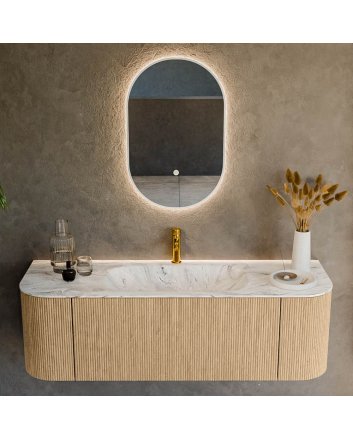 Mondiaz Kurve-Dlux 140cm badmeubel ronding Links + Rechts kleur Oak met 1 lade en 2 deuren. Wastafel Big small Midden 1 kraangat Glace.