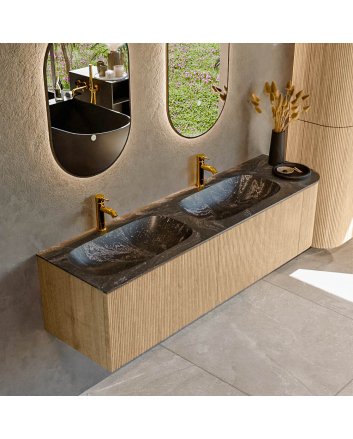Mondiaz Kurve-Dlux 165cm badmeubel ronding Rechts kleur Oak met 2 lades en 1 deur. Wastafel Stor small Dubbel / Links 2 kraangaten Lava.