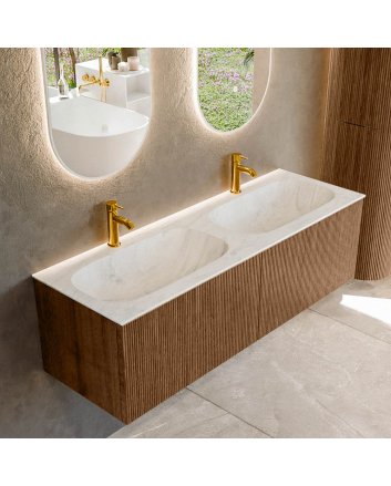 Mondiaz Kurve-Dlux 140cm badmeubel kleur Walnut met 2 lades en 0 deuren. Wastafel Stor small Dubbel 2 kraangaten Opalo.