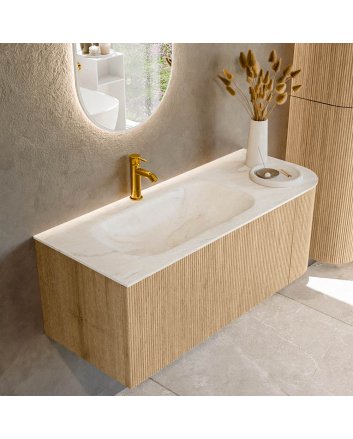 Mondiaz Kurve-Dlux 115cm badmeubel ronding Rechts kleur Oak met 1 lade en 1 deur. Wastafel Big small Links 1 kraangat Ostra.