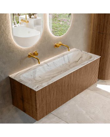 Mondiaz Kurve-Dlux 120cm badmeubel kleur Walnut met 1 lade en 0 deuren. Wastafel Big large Midden zonder kraangat Glace.