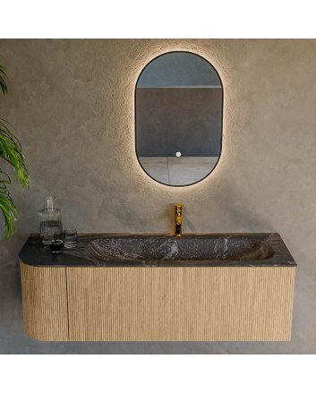 Mondiaz Kurve-Dlux 135cm badmeubel ronding Links kleur Oak met 1 lade en 1 deur. Wastafel Big medium Rechts 1 kraangat Lava.