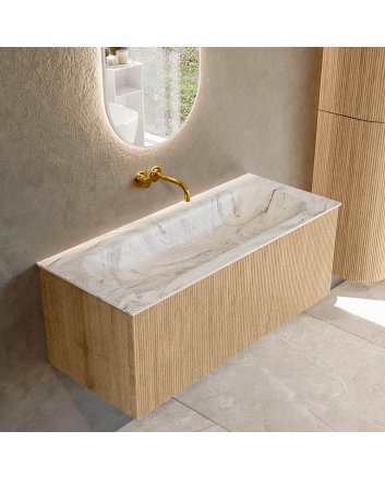 Mondiaz Kurve-Dlux 110cm badmeubel kleur Oak met 1 lade en 0 deuren. Wastafel Big medium Midden zonder kraangat Glace.