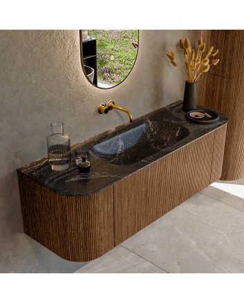 Mondiaz Kurve-Dlux 140cm badmeubel ronding Links + Rechts kleur Walnut met 1 lade en 2 deuren. Wastafel Big small Midden zonder kraangat Lava.