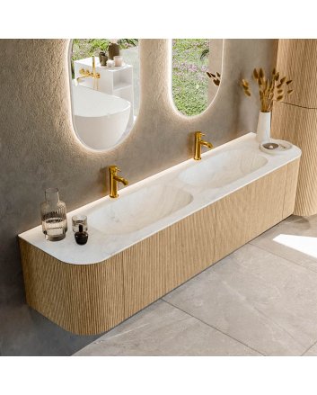 Mondiaz Kurve-Dlux 190cm badmeubel ronding Links + Rechts kleur Oak met 2 lades en 2 deuren. Wastafel Stor small Dubbel 2 kraangaten Opalo.