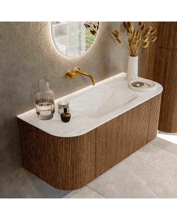 Mondiaz Kurve-Dlux 110cm badmeubel ronding Links + Rechts kleur Walnut met 1 lade en 2 deuren. Wastafel Cloud Midden zonder kraangat Ostra.