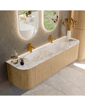 Mondiaz Kurve-Dlux 170cm badmeubel ronding Links + Rechts kleur Oak met 1 lade en 2 deuren. Wastafel Leaf Dubbel 2 kraangaten Glace.