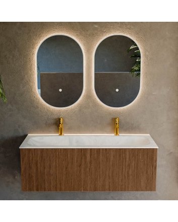 Mondiaz Kurve-Dlux 120cm badmeubel kleur Walnut met 1 lade en 0 deuren. Wastafel Big large Midden 2 kraangaten Opalo.