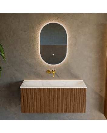 Mondiaz Kurve-Dlux 100cm badmeubel kleur Walnut met 1 lade en 0 deuren. Wastafel Big medium Midden zonder kraangat Ostra.