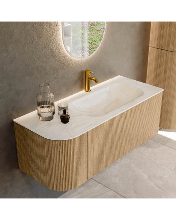 Mondiaz Kurve-Dlux 115cm badmeubel ronding Links kleur Oak met 1 lade en 1 deur. Wastafel Big small Rechts 1 kraangat Ostra.