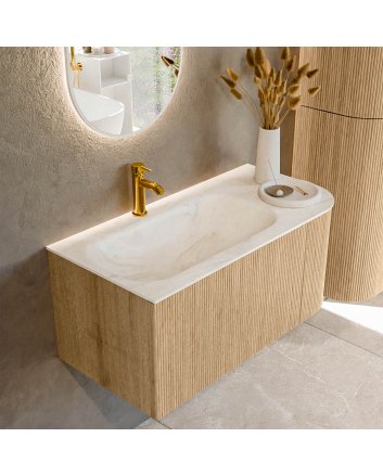 Mondiaz Kurve-Dlux 95cm badmeubel ronding Rechts kleur Oak met 1 lade en 1 deur. Wastafel Big small Links 1 kraangat Ostra.