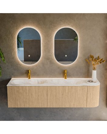 Mondiaz Kurve-Dlux 165cm badmeubel ronding Rechts kleur Oak met 2 lades en 1 deur. Wastafel Stor small Dubbel / Links 2 kraangaten Frappe.