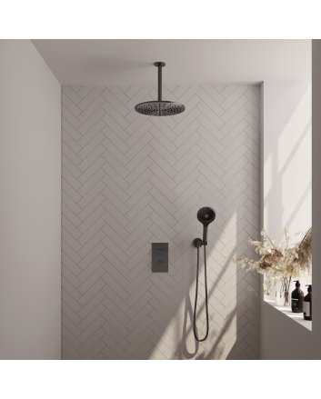 BRAUER Gunmetal Carving thermostatische inbouw regendouche 3-weg omstelling SET 36 met 30 cm douchekop en plafondarm en 3-standen handdouche en doucheslang en wandaansluitbocht gunmetal geborsteld PVD