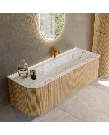 Mondiaz Kurve-Dlux 135cm badmeubel ronding Links kleur Oak met 1 lade en 1 deur. Wastafel Big medium Rechts 1 kraangat Glace.