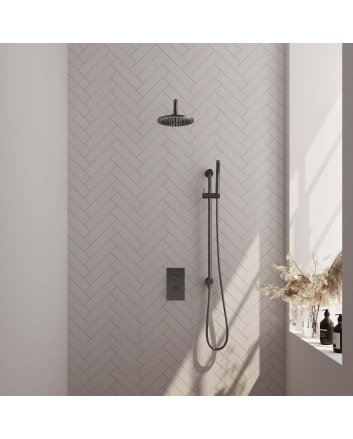 BRAUER Gunmetal Carving thermostatische inbouw regendouche 3-weg omstelling SET 39 met 20 cm douchekop en gebogen muurarm en staaf handdouche en doucheslang en geïntegreerde glijstang gunmetal geborsteld PVD