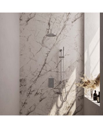 BRAUER Chrome Carving thermostatische inbouw regendouche 3-weg omstelling SET 39 met 20 cm douchekop en gebogen muurarm en staaf handdouche en doucheslang en geïntegreerde glijstang chroom