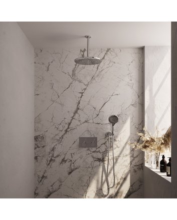 BRAUER Chrome Edition thermostatische inbouw regendouche met drukknoppen SET 60 met 30 cm douchekop en plafondarm en 3-standen handdouche en doucheslang en wandaansluitbocht chroom