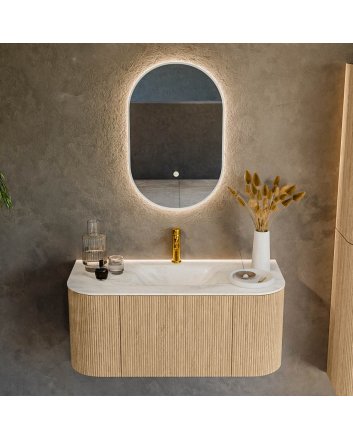 Mondiaz Kurve-Dlux 100cm badmeubel ronding Links + Rechts kleur Oak met 1 lade en 2 deuren. Wastafel Grunne Midden 1 kraangat Ostra.