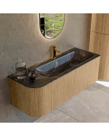 Mondiaz Kurve-Dlux 125cm badmeubel ronding Links kleur Oak met 1 lade en 1 deur. Wastafel Big medium Rechts 1 kraangat Lava.