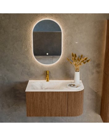 Mondiaz Kurve-Dlux 85cm badmeubel ronding Rechts kleur Walnut met 1 lade en 1 deur. Wastafel Cloud Links 1 kraangat Frappe.