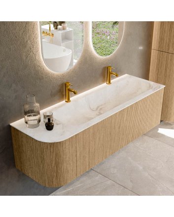 Mondiaz Kurve-Dlux 145cm badmeubel ronding Links kleur Oak met 1 lade en 1 deur. Wastafel Big large Rechts 2 kraangaten Frappe.