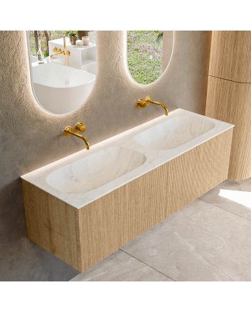 Mondiaz Kurve-Dlux 140cm badmeubel kleur Oak met 2 lades en 0 deuren. Wastafel Stor small Dubbel zonder kraangat Opalo.