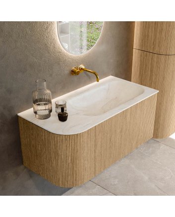 Mondiaz Kurve-Dlux 95cm badmeubel ronding Links kleur Oak met 1 lade en 1 deur. Wastafel Big small Rechts zonder kraangat Ostra.