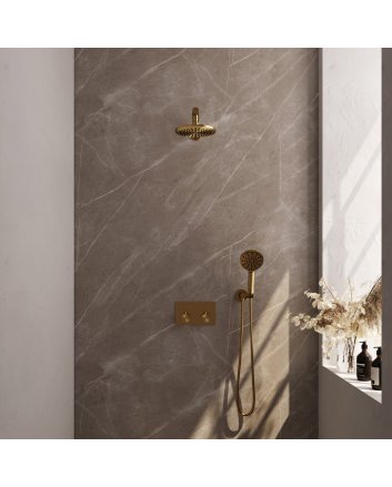 BRAUER Gold Carving thermostatische inbouw regendouche met drukknoppen SET 55 met 20 cm douchekop en rechte muurarm en 3-standen handdouche en doucheslang en wandaansluitbocht goud geborsteld PVD