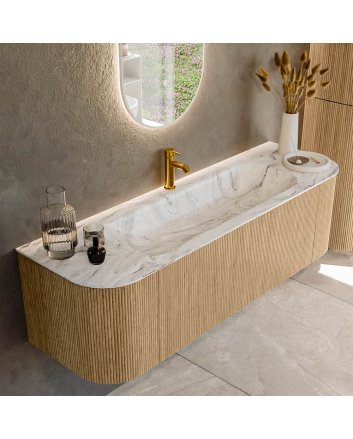 Mondiaz Kurve-Dlux 150cm badmeubel ronding Links + Rechts kleur Oak met 1 lade en 2 deuren. Wastafel Big medium Midden 1 kraangat Glace.