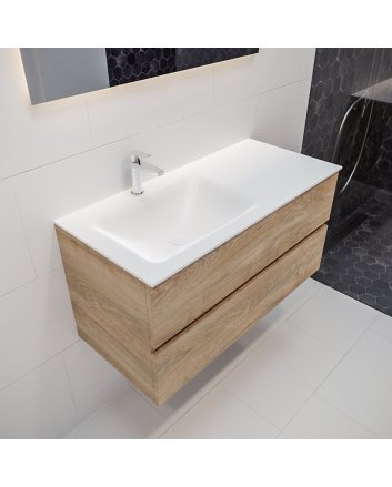 Mondiaz Vica 100 badmeubel washed oak 2 lades wastafel Cloud links 1 kraangat