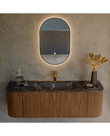 Mondiaz Kurve-Dlux 140cm badmeubel ronding Links + Rechts kleur Walnut met 1 lade en 2 deuren. Wastafel Big small Midden 1 kraangat Lava.