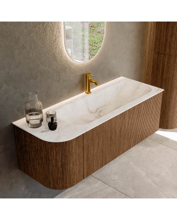 Mondiaz Kurve-Dlux 125cm badmeubel ronding Links kleur Walnut met 1 lade en 1 deur. Wastafel Big medium Rechts 1 kraangat Frappe.