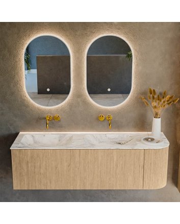 Mondiaz Kurve-Dlux 145cm badmeubel ronding Rechts kleur Oak met 1 lade en 1 deur. Wastafel Leaf Dubbel / Links zonder kraangat Glace.