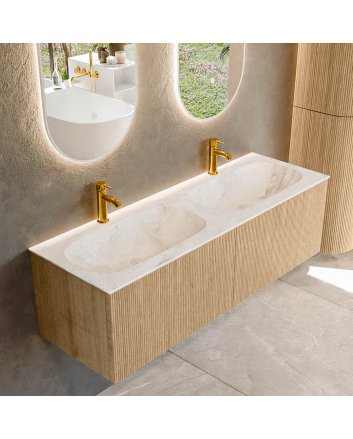 Mondiaz Kurve-Dlux 140cm badmeubel kleur Oak met 2 lades en 0 deuren. Wastafel Stor small Dubbel 2 kraangaten Frappe.