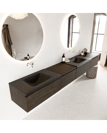 Mondiaz Bukla 280cm badmeubel met module 60 links kleur Dark Brown met 4 lades. Wastafel Cloud dubbel 0 kraangaten kleur Urban.