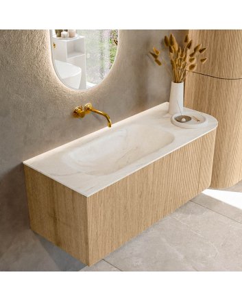 Mondiaz Kurve-Dlux 115cm badmeubel ronding Rechts kleur Oak met 1 lade en 1 deur. Wastafel Big small Links zonder kraangat Ostra.