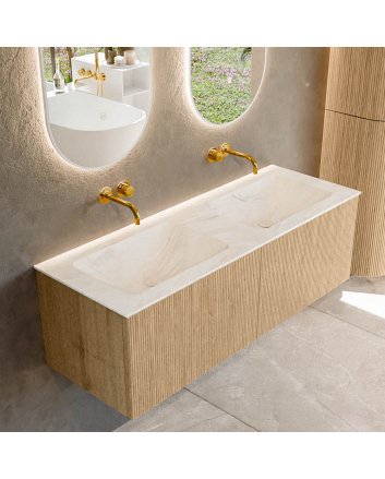 Mondiaz Kurve-Dlux 130cm badmeubel kleur Oak met 2 lades en 0 deuren. Wastafel Leaf Dubbel zonder kraangat Ostra.