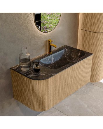 Mondiaz Kurve-Dlux 95cm badmeubel ronding Links kleur Oak met 1 lade en 1 deur. Wastafel Big small Rechts 1 kraangat Lava.