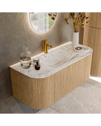 Mondiaz Kurve-Dlux 110cm badmeubel ronding Links + Rechts kleur Oak met 1 lade en 2 deuren. Wastafel Cloud Midden 1 kraangat Glace.