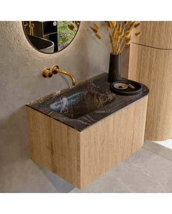 Mondiaz Kurve-Dlux 75cm badmeubel ronding Rechts kleur Oak met 1 lade en 1 deur. Wastafel Grunne Links zonder kraangat Lava.