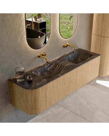 Mondiaz Kurve-Dlux 155cm badmeubel ronding Links kleur Oak met 2 lades en 1 deur. Wastafel Leaf Dubbel / Rechts zonder kraangat Lava.
